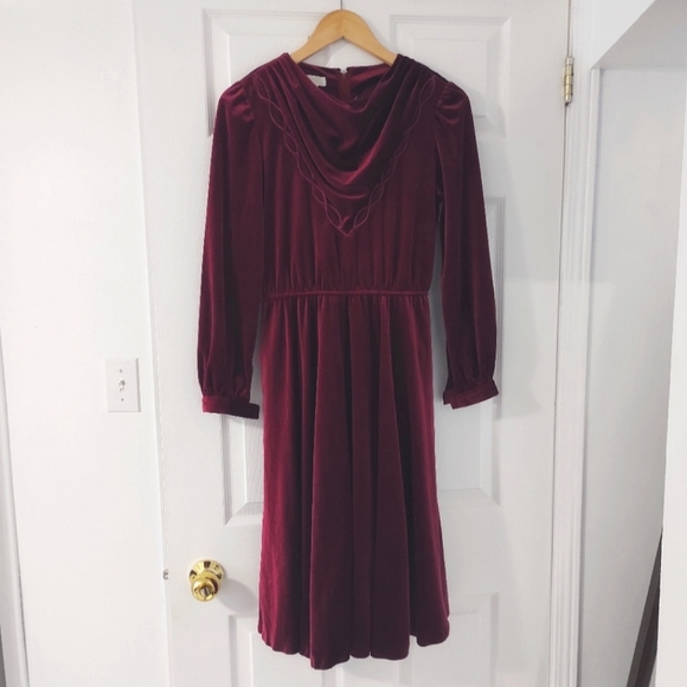 Vintage velvet party dress - pockets elastic waist, winter holiday wear